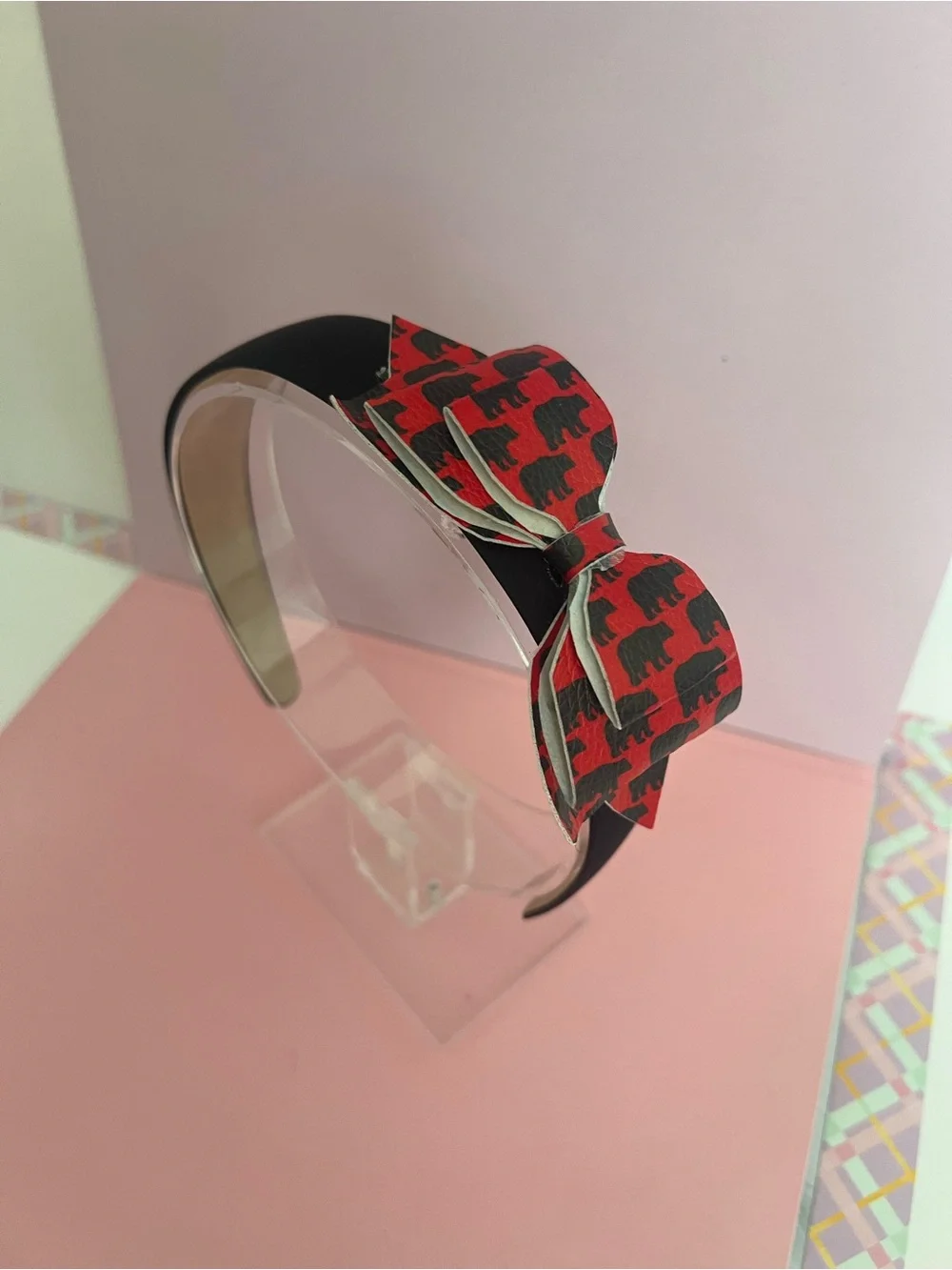 Red Houndstooth Bear Bow Headband - Women's Fashion Accessory